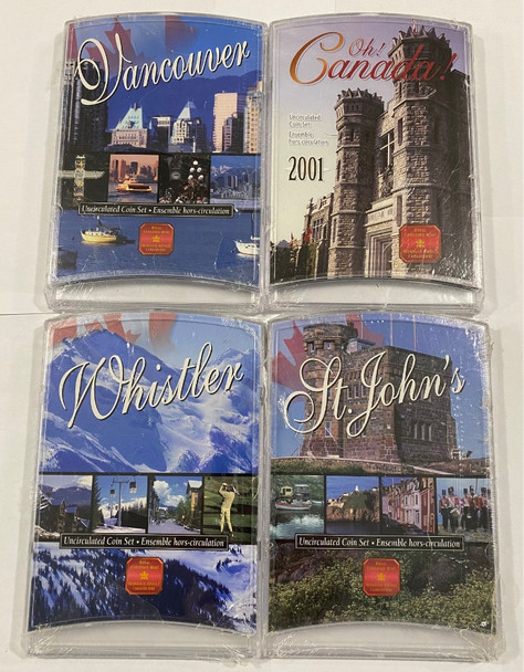 Canada: 2001 Uncirculated Coin Sets (4 Sets) Vancouver Whistler St. John's