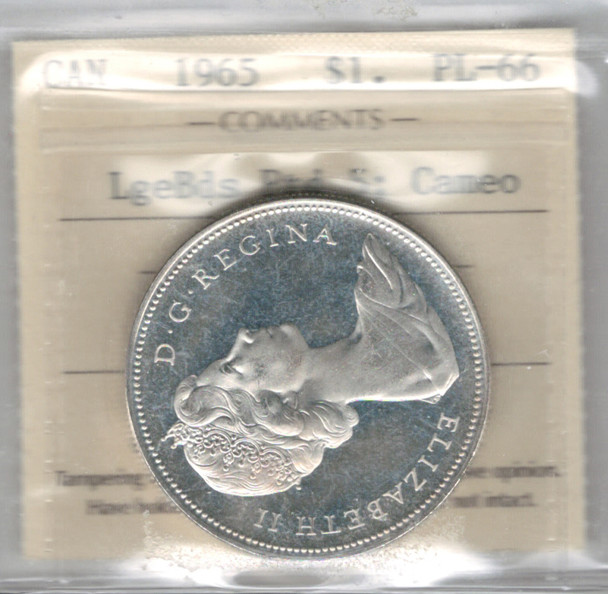 Canada: 1965 $1 Silver Dollar LgBds Ptd5 ICCS PL66 Cameo