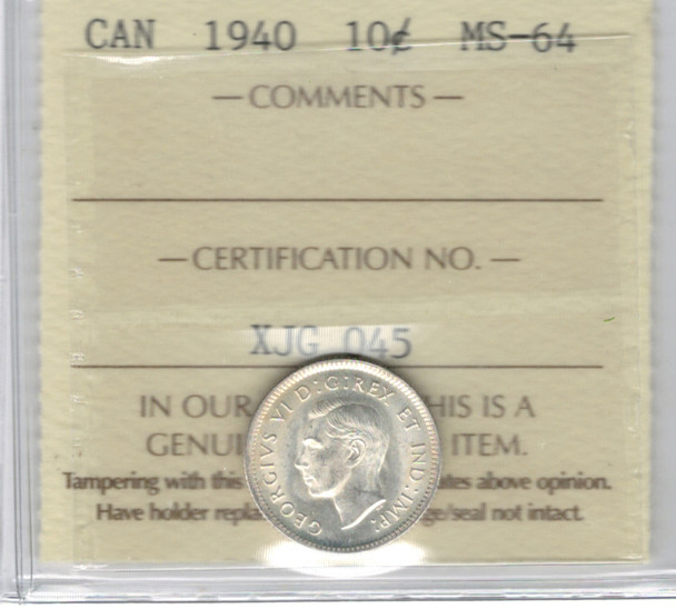 Canada: 1940 10 Cent ICCS MS64