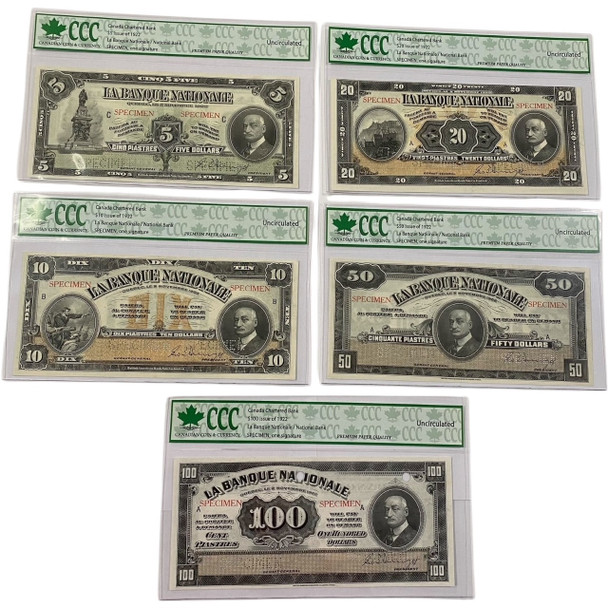 Canada: La Banque Nationale 1922 Specimen Banknote Set $5-$100
