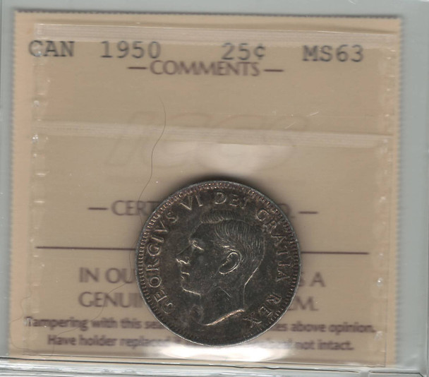 Canada: 1950 25 Cents ICCS MS63