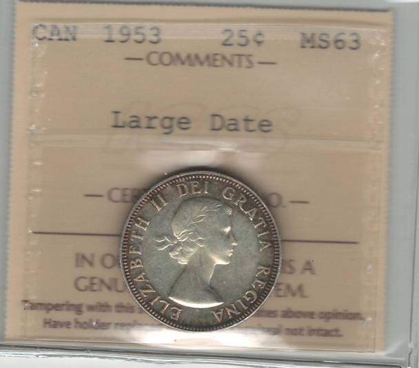 Canada: 1953 25 Cents Large Date ICCS MS63