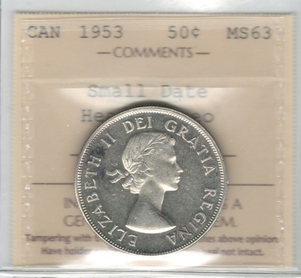 Canada: 1953 50 Cent Small Date ICCS MS63 Heavy Cameo