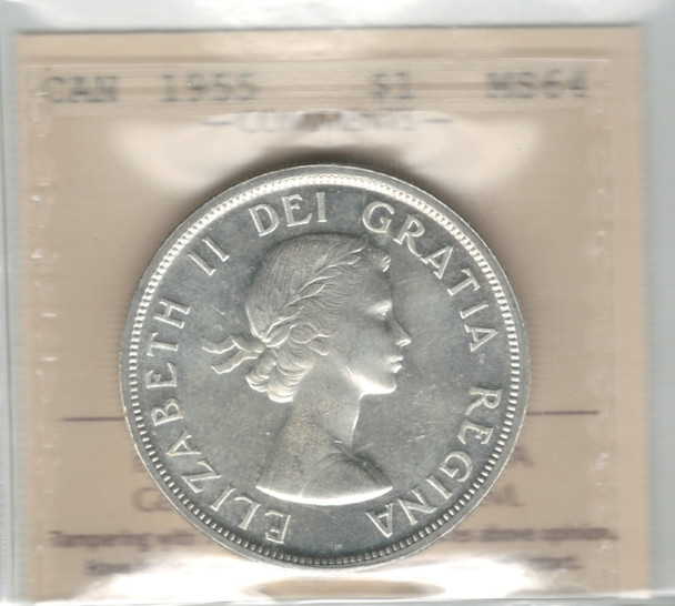 Canada: 1955 $1 Silver Dollar ICCS MS64 #19