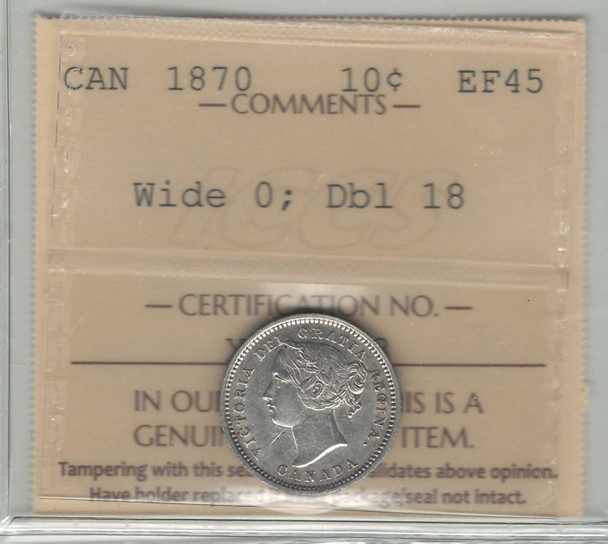 Canada: 1870 10 Cent Wide 0 Dbl 18  ICCS EF45