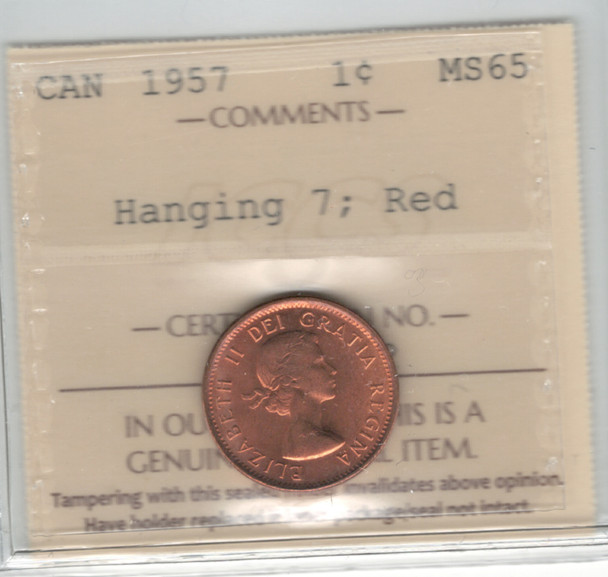 Canada: 1957 1 Cent Hanging 7 ICCS MS65 Red #3