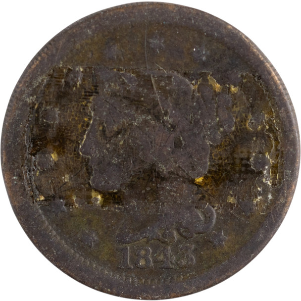 United States: 1843 1 Cent Braided Hair G Tape Residue