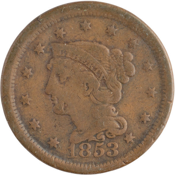 United States: 1853 1 Cent Braided Hair VG