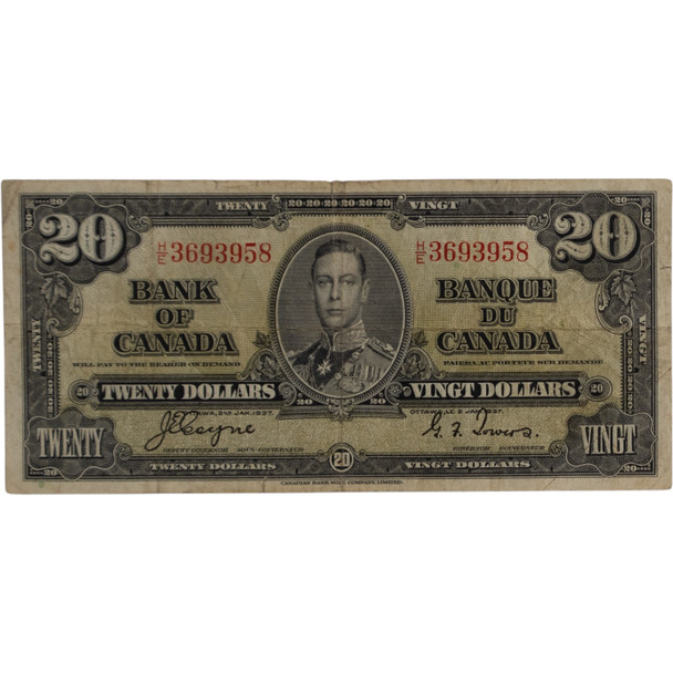 Canada: 1937 $20 Bank Of Canada Banknote Coyne-Towers H/E F Tear