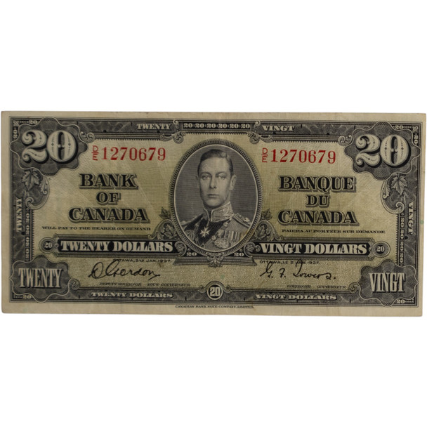 Canada: 1937 $20 Bank Of Canada Banknote Coyne-Towers D/E VF