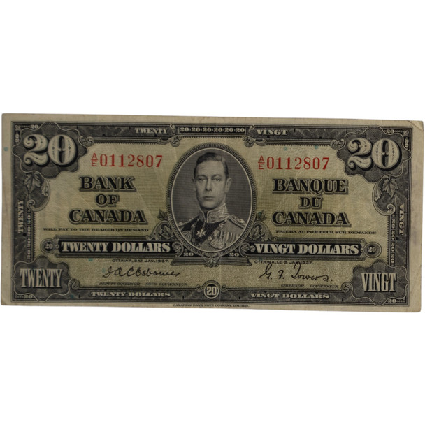 Canada: 1937 $20 Bank Of Canada Banknote Osborne-Towers VF **Writing**