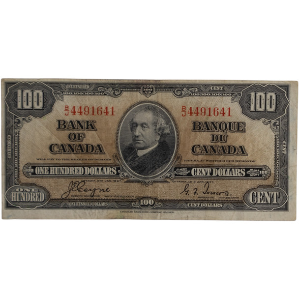 Canada: 1937 $100 Bank Of Canada Banknote Coyne-Towers B/J F *Soiled*