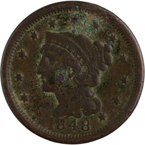 United States: 1848 Braided Hair Cent F (Corrosion)