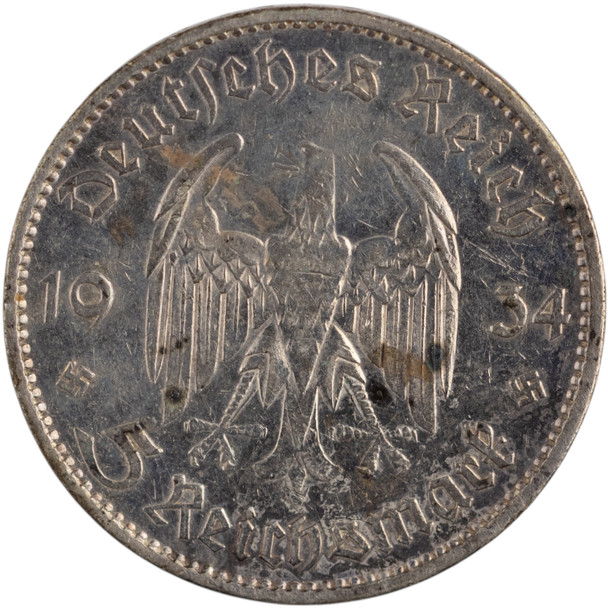 Germany: 1934 E Silver 5 Marks Third Reich