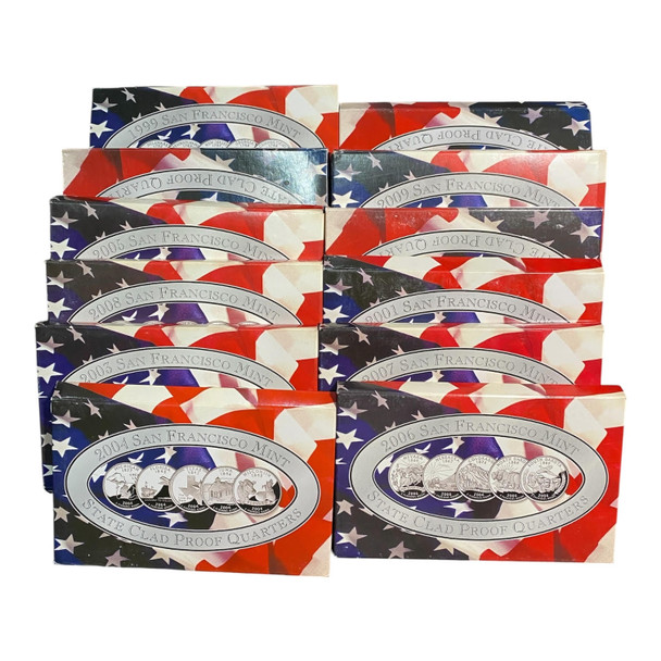 United States: 2000s 25 Cent 50 State Quarters Statehood Silver Proof Coin Set Collection (12 Sets)