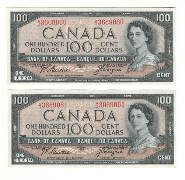 Canada: 1954 $100 Bank Of Canada  Banknotes 2 in Sequence
