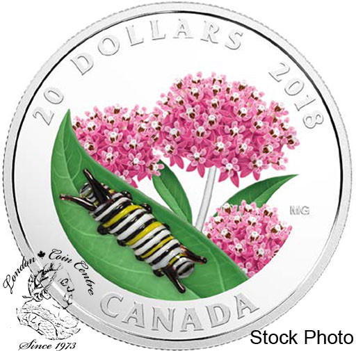 Canada: 2018 $20 Little Creatures: Monarch Caterpillar Fine Silver Coin **No Sleeve, Toned**