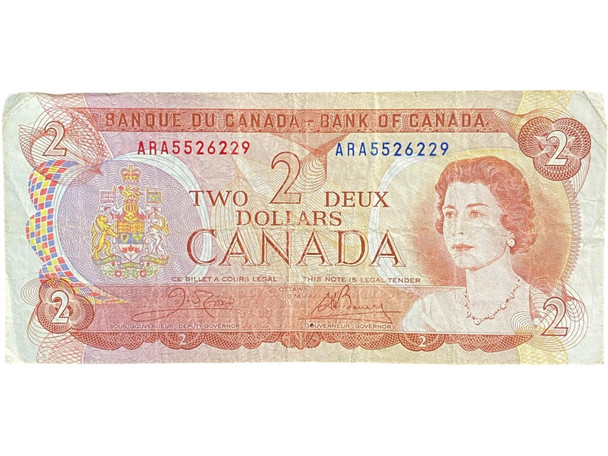 Canada: 1974 $2 Bank Of Canada Banknote Crow-Bouey BC-47a-i 3 Letters Circulated