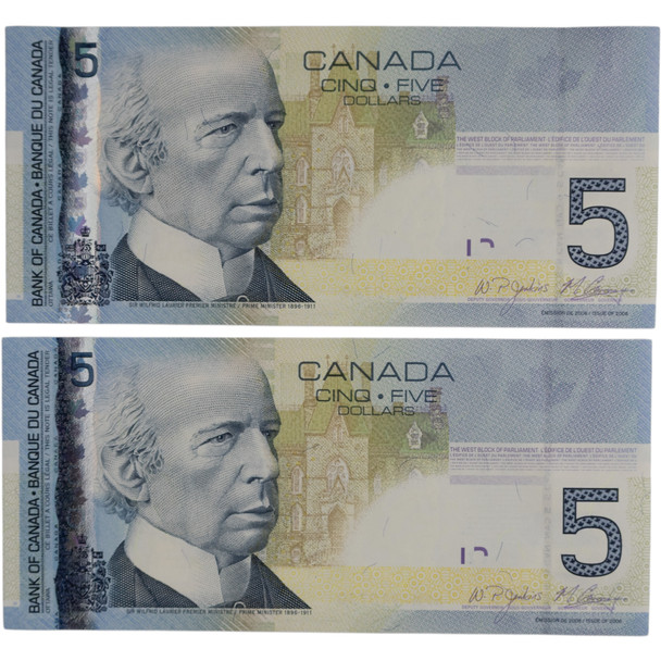 Canada: 2010 $5 Bank Of Canada Banknote BC-62b-i UNC 2 In Sequence