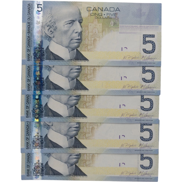 Canada: 2010 $5 Bank Of Canada Banknote BC-62b-i UNC 5 In Sequence