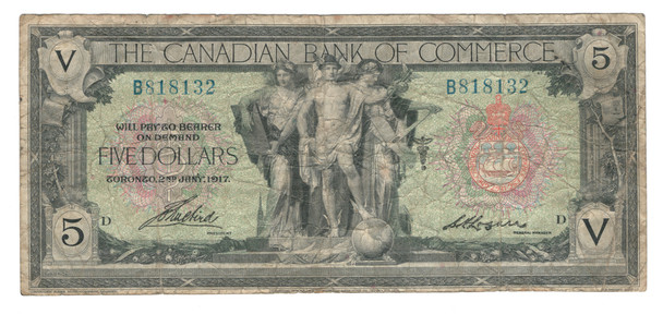 Canada: 1917 $5 The Canadian Bank of Commerce  Banknote F12