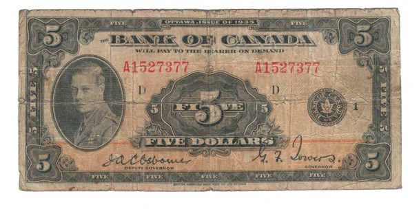 Canada: 1935 $5 Banknote - Bank of Canada English  BC-5 VG