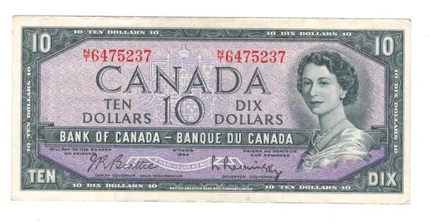 Canada: 1954 $10 Bank Of Canada Banknote Beattie-Rasminsky Lightly Circulated