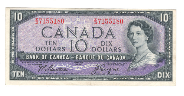 Canada: 1954 $10 Bank Of Canada Banknote Beattie-Coyne Lightly Circulated