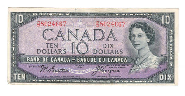 Canada: 1954 $10 Bank Of Canada Banknote Beattie-Coyne Circulated