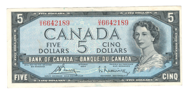 Canada: 1954 $5 Bank Of Canada Banknote Bouey-Rasminsky Lightly Circulated