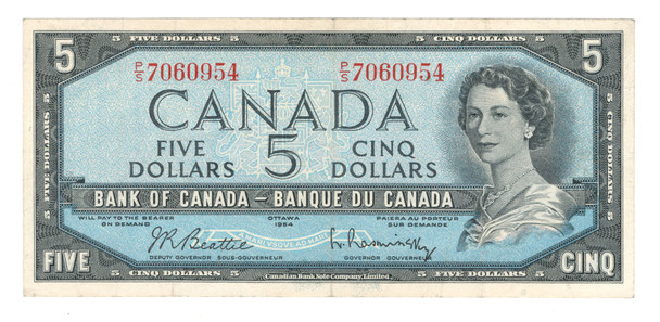 Canada: 1954 $5 Bank Of Canada Banknote Beattie-Rasminsky Circulated