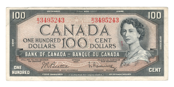 Canada: 1954 $100 Bank Of Canada Banknote Beattie-Rasminsky #2