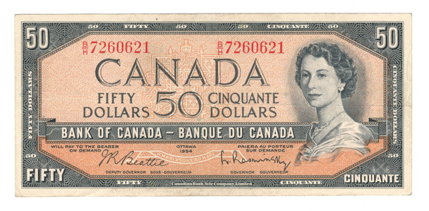 Canada: 1954 $50 Bank Of Canada Banknote Beattie-Rasminsky #7