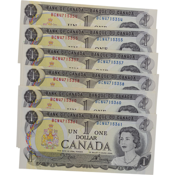 Canada: 1973 $1 Bank Of Canada Banknote Crow-Bouey BC-46b 3 Letters 8x in Sequence #3