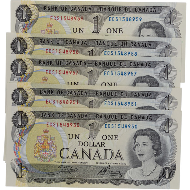 Canada: 1973 $1 Bank Of Canada Banknote Crow-Bouey BC-46b 3 Letters 8x in Sequence #4