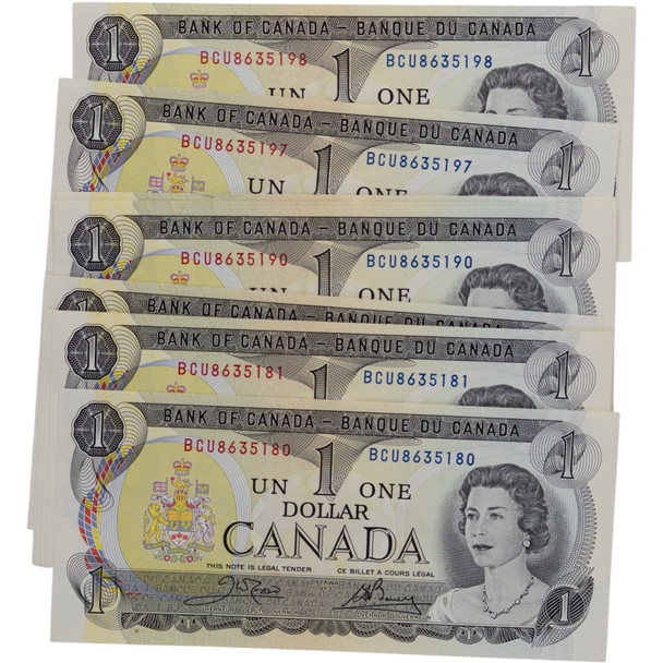 Canada: 1973 $1 Bank Of Canada Banknote Crow-Bouey BC-46b 3 Letters 19x in Sequence