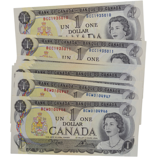Canada: 1973 $1 Bank Of Canada Banknote Crow-Bouey BC-46b 3 Letters 10x in Sequence