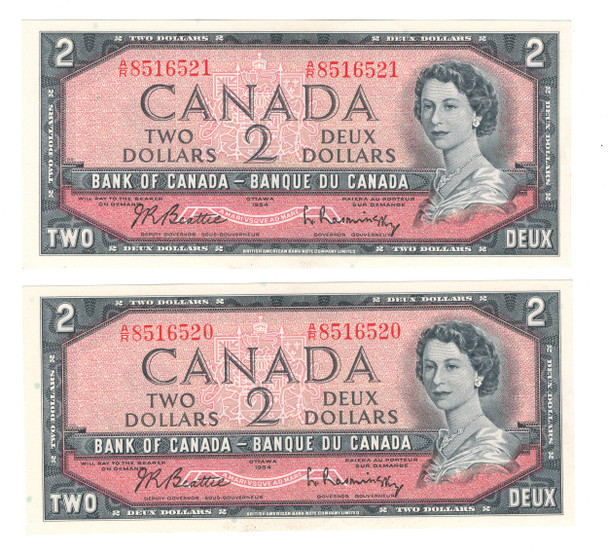 Canada: 1954 $2 Bank Of Canada Banknotes Beattie-Rasminsky BC-38b 2 in Sequence