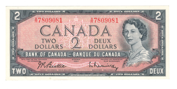 Canada: 1954 $2 Bank Of Canada Banknotes Beattie-Rasminsky BC-38b