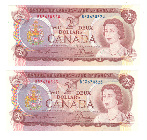Canada: 1974 $2 Bank Of Canada Banknote Lawson-Bouey BC-47a 2 Letters 2x in Sequence