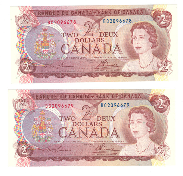 Canada: 1974 $2 Bank Of Canada Banknote Lawson-Bouey BC-47a 2 Letters 2x in Sequence