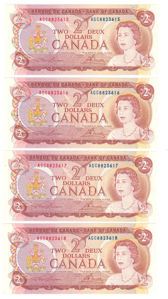 Canada: 1974 $2 Bank Of Canada Banknote Lawson-Bouey BC-47a-i 3 Letters 4x in Sequence