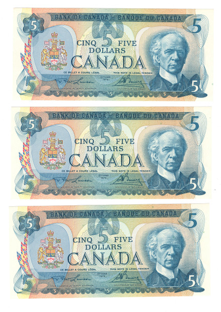 Canada: 1979 $5 Bank Of Canada Banknote Lawson-Bouey BC-53a 3x in sequence