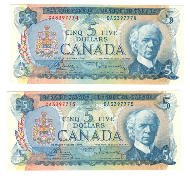 Canada: 1972 $5 Bank Of Canada Banknote Bouey-Rasminsky BC-48a 2x in sequence