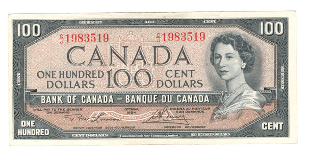 Canada: 1954 $100 Bank Of Canada Banknote Lawson-Bouey #7