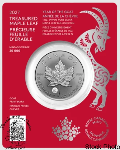 Canada: 2027 $5 Treasured Silver Maple Leaf: Year of the Goat Privy Mark 1 oz Pure Silver Coin