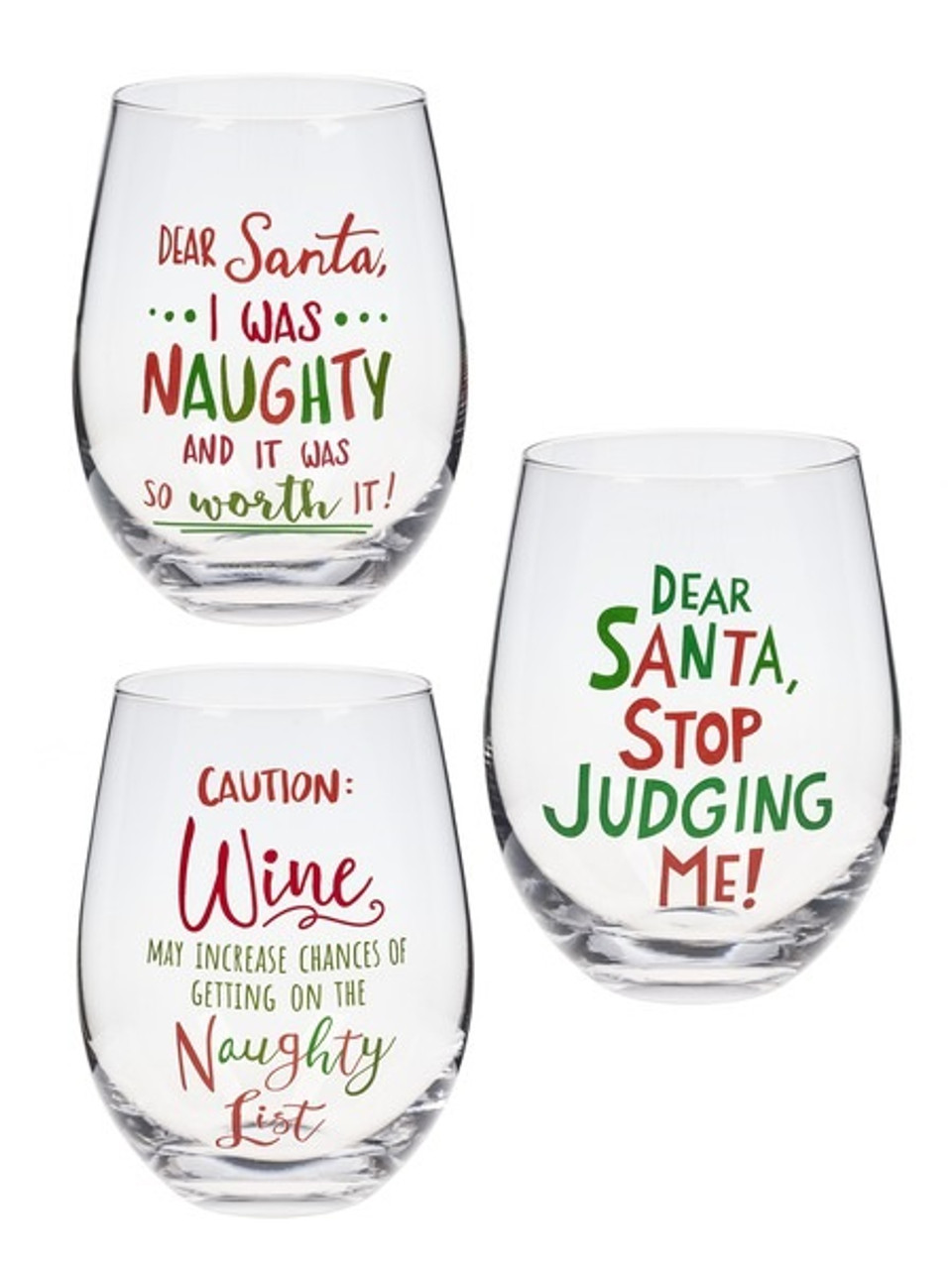 Stemless Wine Glasses Naughty or Nice Christmas Set of 2 Etched Gifts 