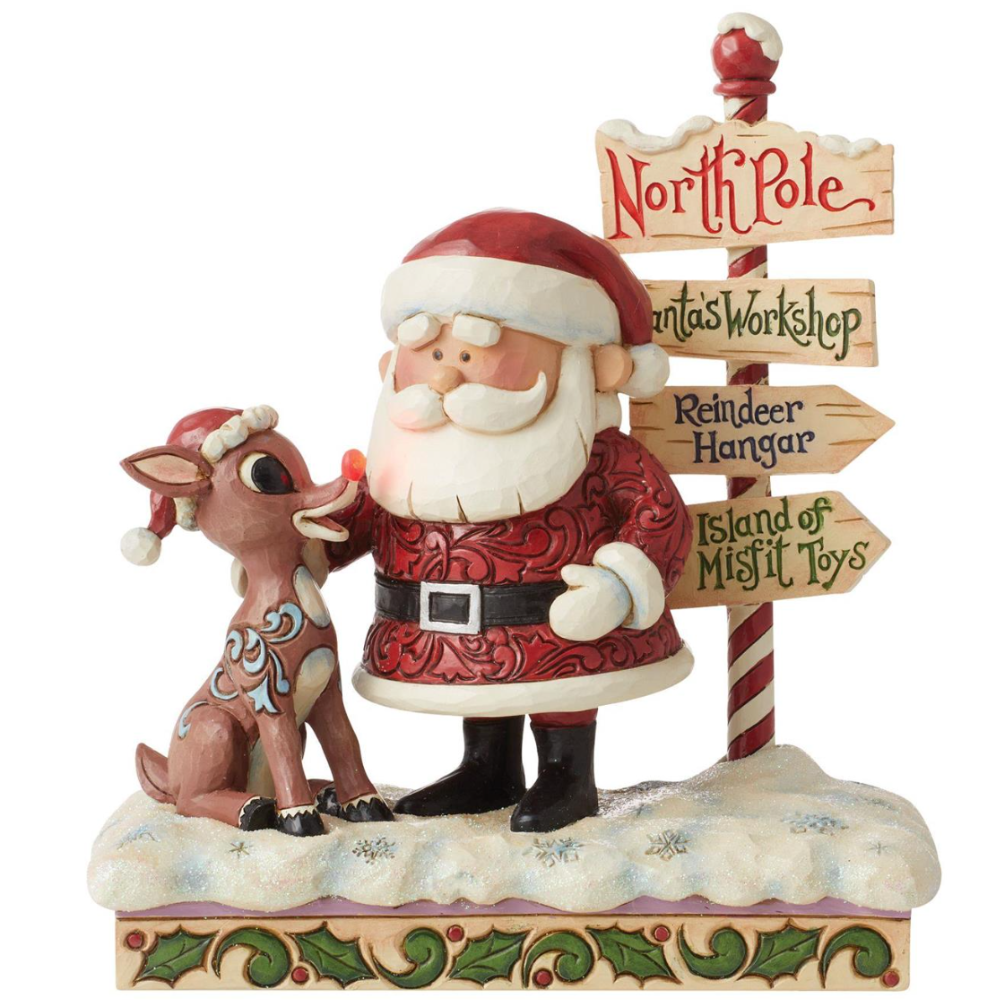 Rudolph and Santa Next to Sign Figure by Jim Shore Canada | RetroFestive.ca
