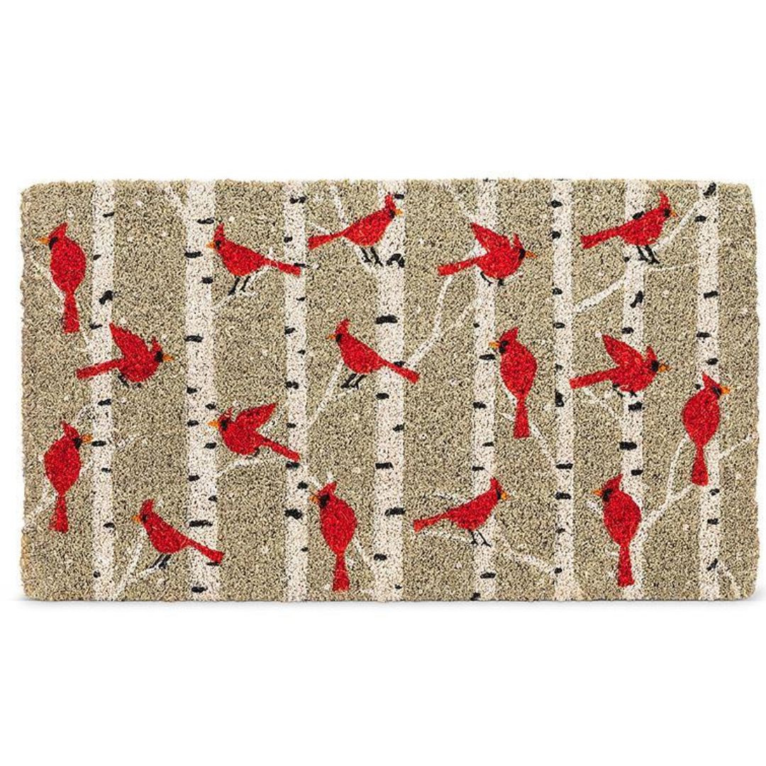 Cardinals in Birch Trees Festive Door Mat RetroFestive.ca