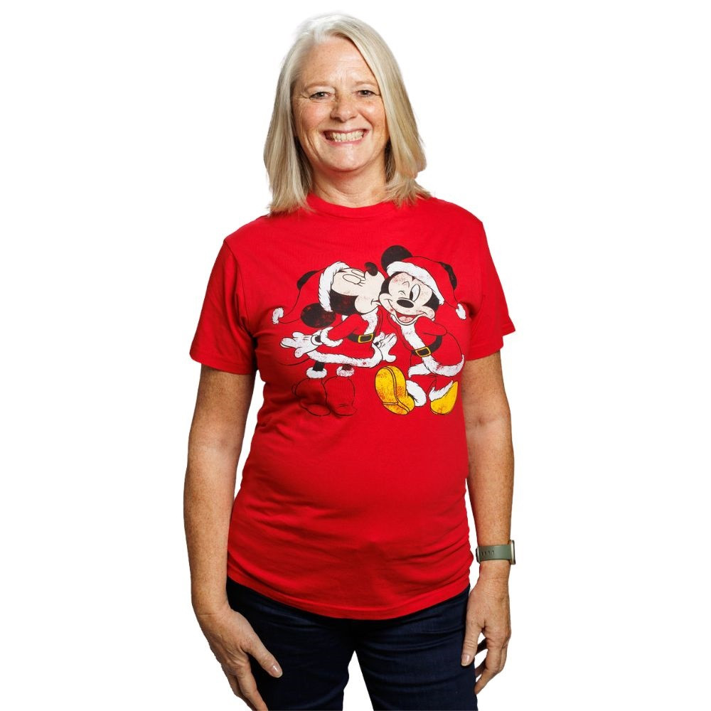 Santa Mickey Minnie Disney Holiday Distressed T-Shirt on Red